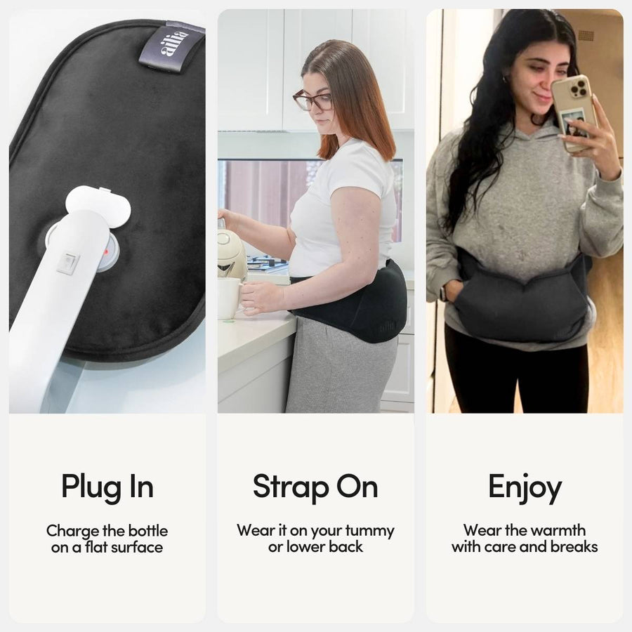 Ailia Electric Hot Water Bottle + Body Strap (Black)